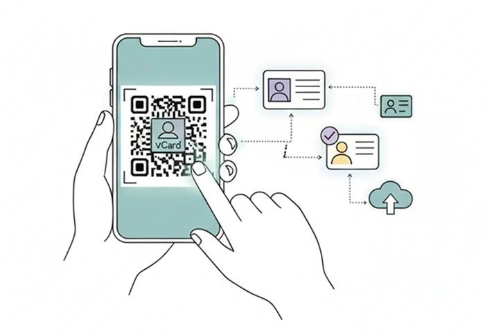スマートフォンでvCard QRコードを読み取り、連絡先を即座に登録するイメージ