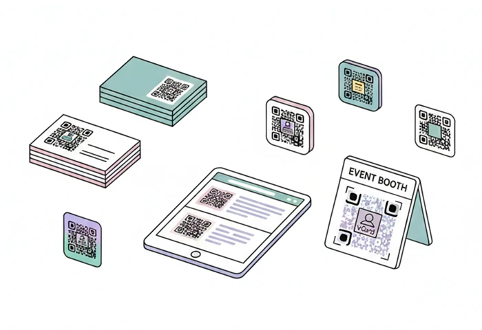 名刺やイベントブース、タブレットなど様々なビジネスシーンで活用されるQRコードの例